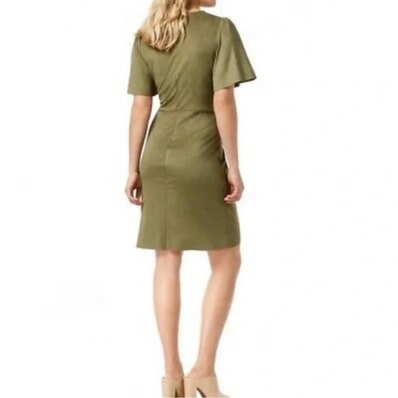 Kensie Olive Green Faux Suede Twist Front Tulip Hem Dress Women’s Size M - Picture 2 of 13